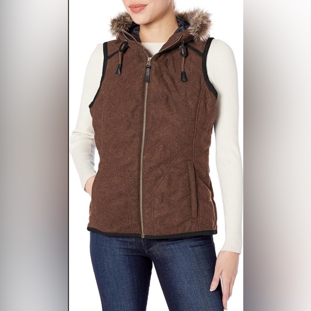 Prana Calla Quilted Wool Brown
Hooded Vest Faux Fur Trim Full Zip